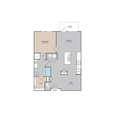 Floor plan for 1 bed, 1 bath, 897 sqft